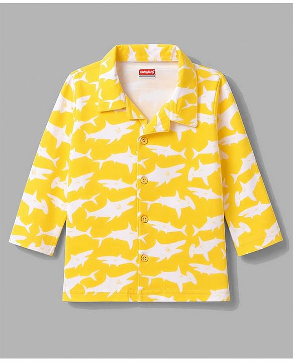 Babyhug 100% Cotton Knit Full Sleeves Front Open Co-Ords Shark Printed Shirt & Pajama Night Suit - Yellow