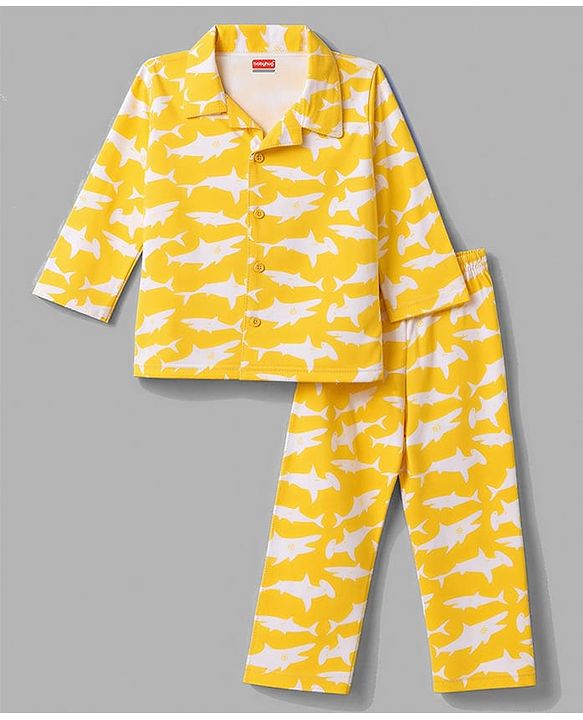 Babyhug 100% Cotton Knit Full Sleeves Front Open Co-Ords Shark Printed Shirt & Pajama Night Suit - Yellow