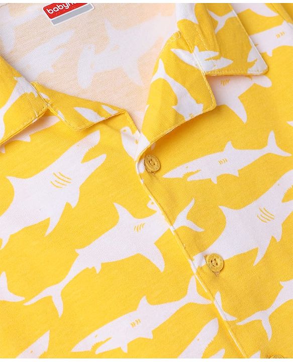 Babyhug 100% Cotton Knit Full Sleeves Front Open Co-Ords Shark Printed Shirt & Pajama Night Suit - Yellow