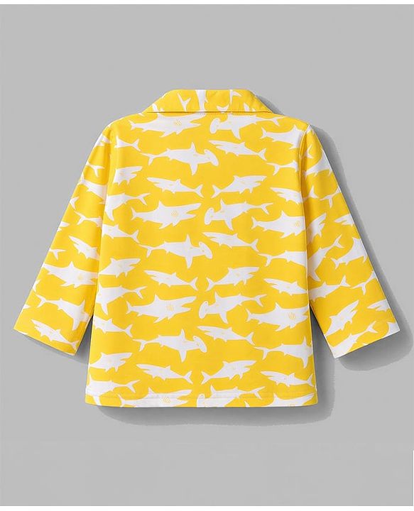 Babyhug 100% Cotton Knit Full Sleeves Front Open Co-Ords Shark Printed Shirt & Pajama Night Suit - Yellow