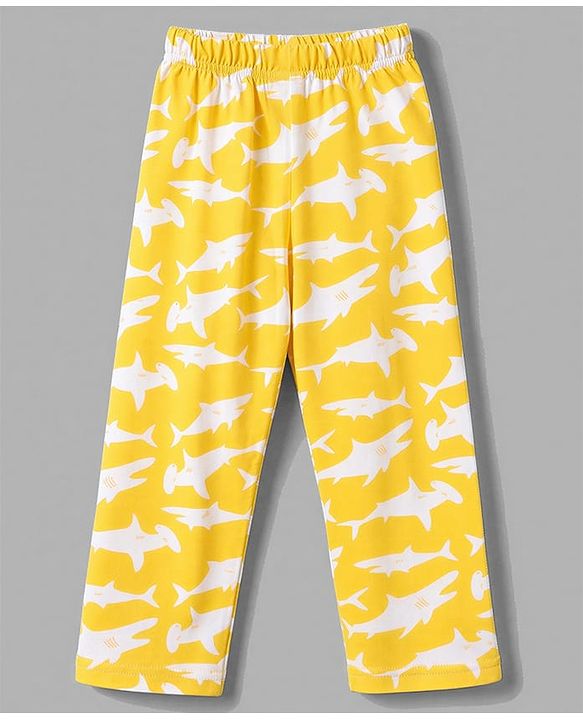 Babyhug 100% Cotton Knit Full Sleeves Front Open Co-Ords Shark Printed Shirt & Pajama Night Suit - Yellow