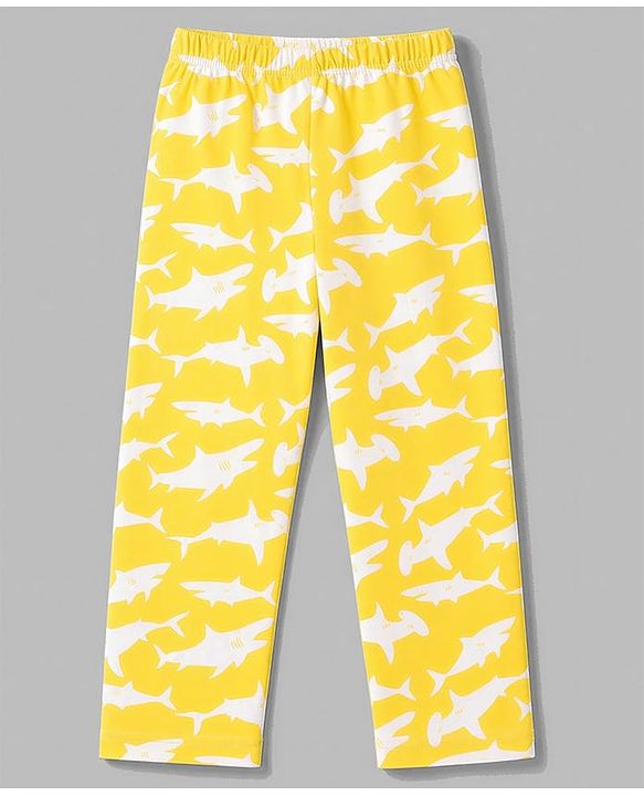 Babyhug 100% Cotton Knit Full Sleeves Front Open Co-Ords Shark Printed Shirt & Pajama Night Suit - Yellow
