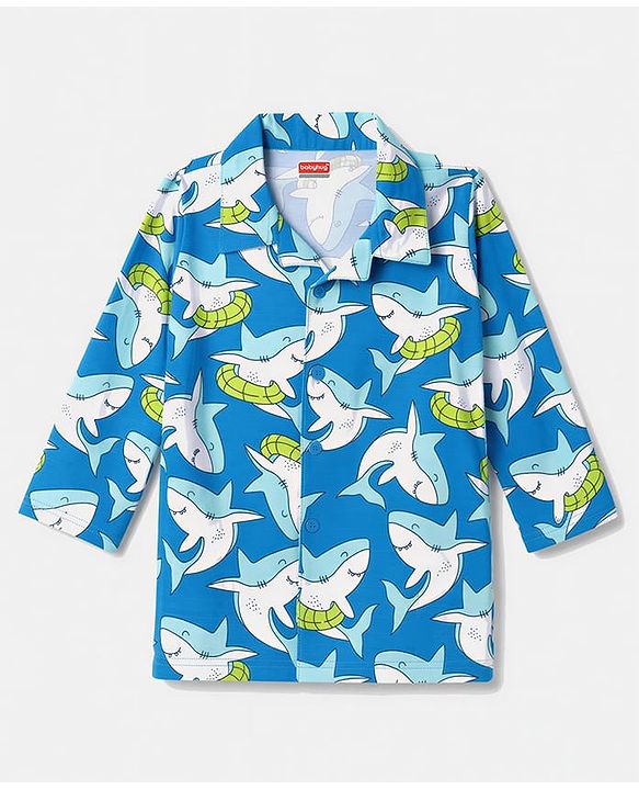Babyhug 100% Cotton Knit Full Sleeves Front Open Co-Ords Shark Printed Shirt & Pajama Night Suit - Blue