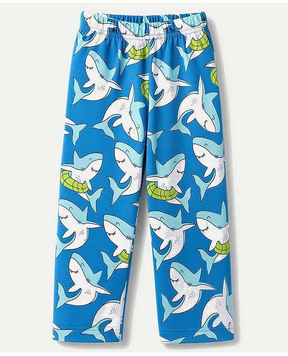 Babyhug 100% Cotton Knit Full Sleeves Front Open Co-Ords Shark Printed Shirt & Pajama Night Suit - Blue