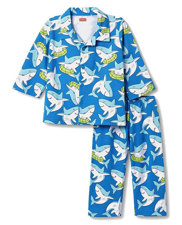 Babyhug 100% Cotton Knit Full Sleeves Front Open Co-Ords Shark Printed Shirt & Pajama Night Suit - Blue