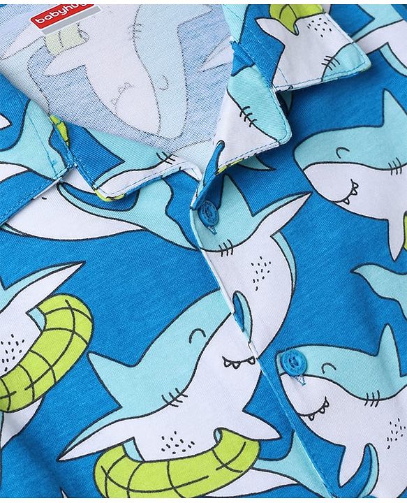 Babyhug 100% Cotton Knit Full Sleeves Front Open Co-Ords Shark Printed Shirt & Pajama Night Suit - Blue