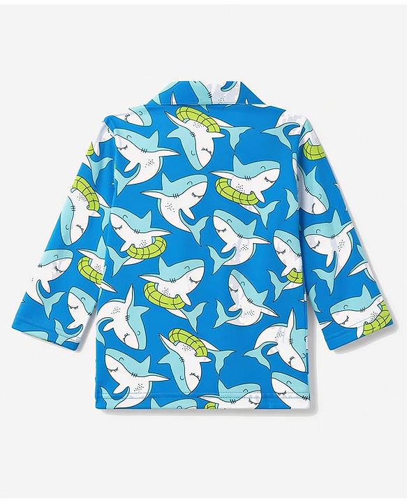 Babyhug 100% Cotton Knit Full Sleeves Front Open Co-Ords Shark Printed Shirt & Pajama Night Suit - Blue