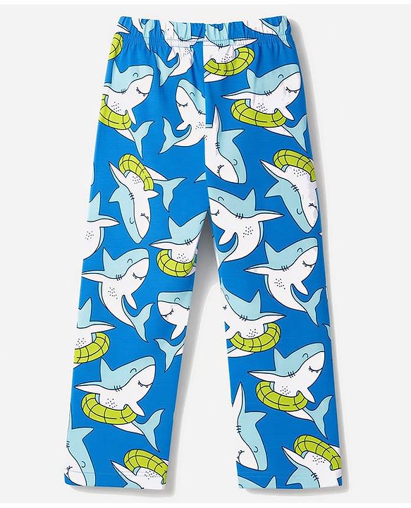Babyhug 100% Cotton Knit Full Sleeves Front Open Co-Ords Shark Printed Shirt & Pajama Night Suit - Blue