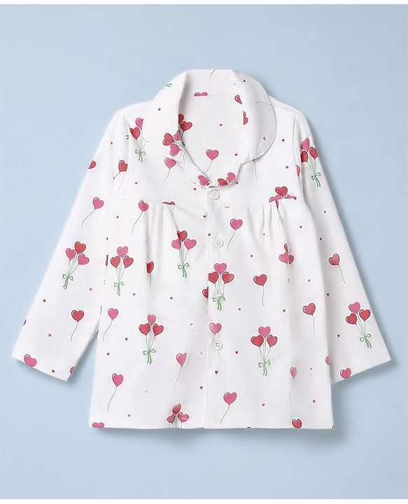 Babyhug 100% Cotton Knit Full Sleeves Co-Ords Front Open Shirt & Pyjama NIght Suit with Heart Print - White