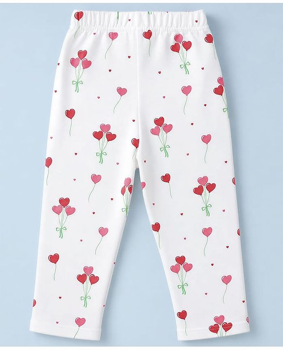 Babyhug 100% Cotton Knit Full Sleeves Co-Ords Front Open Shirt & Pyjama NIght Suit with Heart Print - White