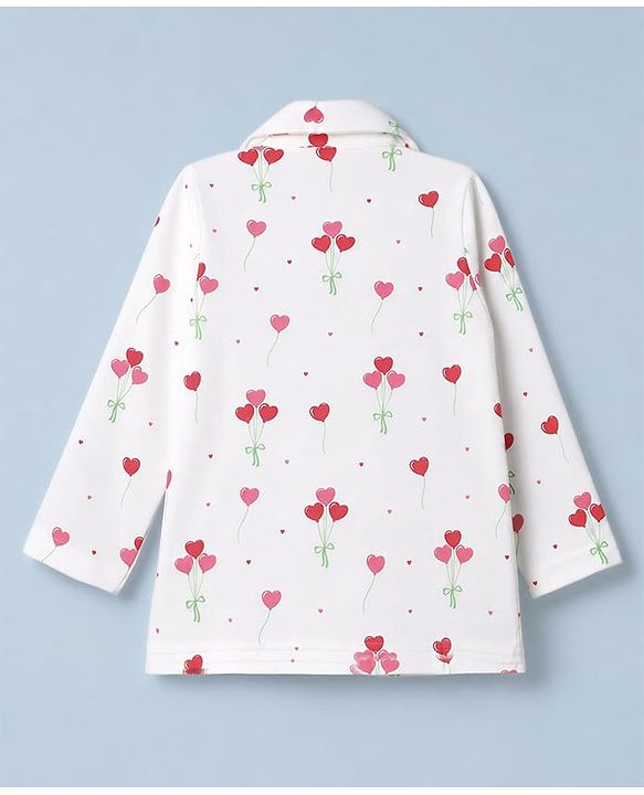 Babyhug 100% Cotton Knit Full Sleeves Co-Ords Front Open Shirt & Pyjama NIght Suit with Heart Print - White