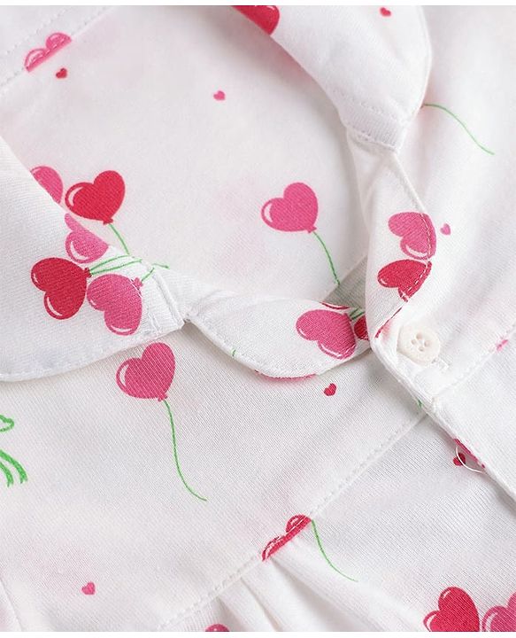 Babyhug 100% Cotton Knit Full Sleeves Co-Ords Front Open Shirt & Pyjama NIght Suit with Heart Print - White