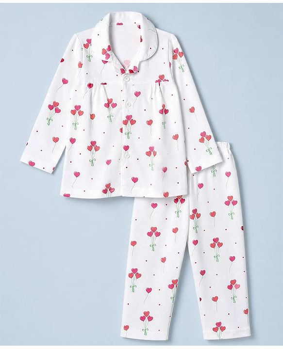 Babyhug 100% Cotton Knit Full Sleeves Co-Ords Front Open Shirt & Pyjama NIght Suit with Heart Print - White