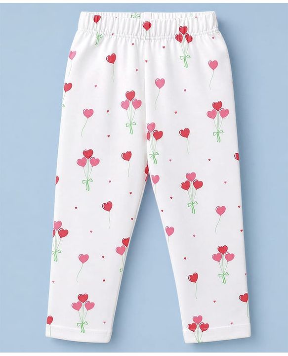 Babyhug 100% Cotton Knit Full Sleeves Co-Ords Front Open Shirt & Pyjama NIght Suit with Heart Print - White