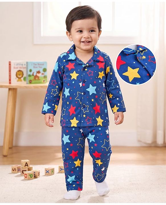 Babyhug 100% Cotton Knit Full Sleeves Co-Ords Shirt & Pajama Night Suit Star Print - Navy