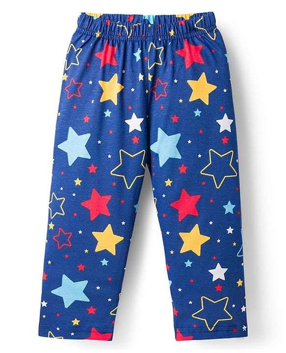 Babyhug 100% Cotton Knit Full Sleeves Co-Ords Shirt & Pajama Night Suit Star Print - Navy