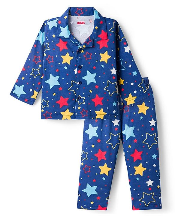 Babyhug 100% Cotton Knit Full Sleeves Co-Ords Shirt & Pajama Night Suit Star Print - Navy