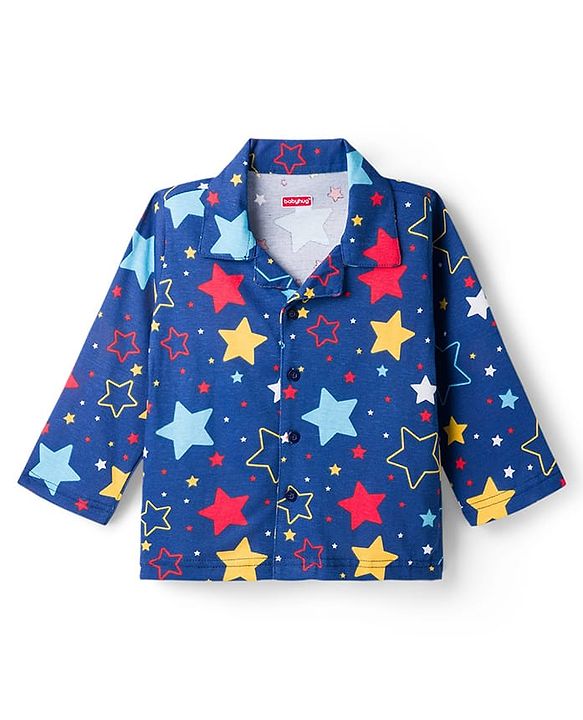 Babyhug 100% Cotton Knit Full Sleeves Co-Ords Shirt & Pajama Night Suit Star Print - Navy