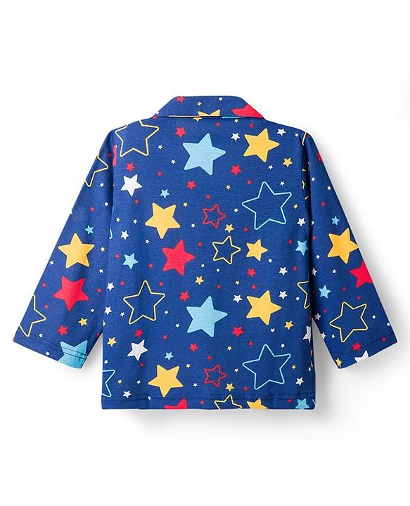 Babyhug 100% Cotton Knit Full Sleeves Co-Ords Shirt & Pajama Night Suit Star Print - Navy