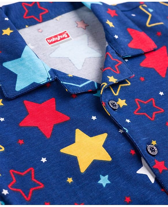 Babyhug 100% Cotton Knit Full Sleeves Co-Ords Shirt & Pajama Night Suit Star Print - Navy