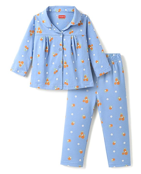 Babyhug 100% Cotton Knit Full Sleeves Shirt & Pyjama Night Suit with Tropical Theme Print - Blue