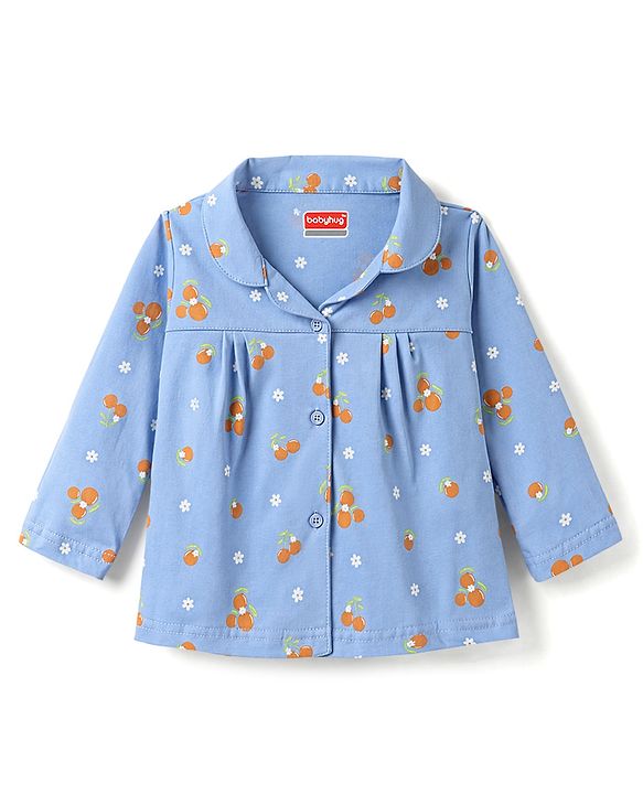 Babyhug 100% Cotton Knit Full Sleeves Shirt & Pyjama Night Suit with Tropical Theme Print - Blue