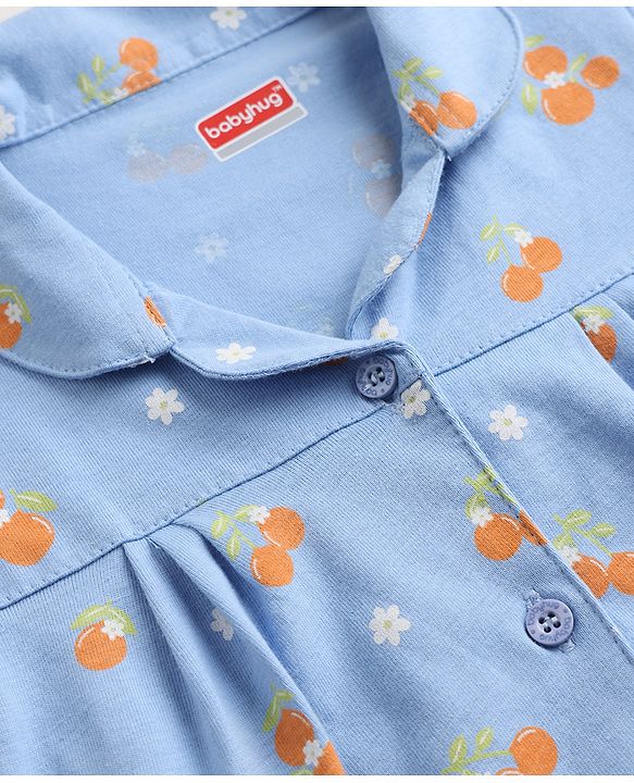 Babyhug 100% Cotton Knit Full Sleeves Shirt & Pyjama Night Suit with Tropical Theme Print - Blue