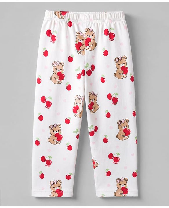 Babyhug 100% Cotton Knit Full Sleeves Front Open Co-ord Top & Pyjama Night Suit with Teddy & Cherry Print - White