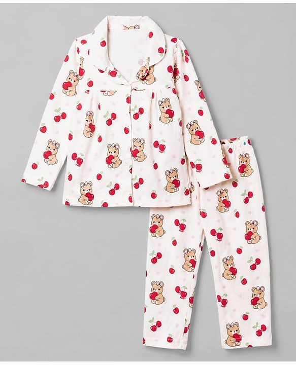 Babyhug 100% Cotton Knit Full Sleeves Front Open Co-ord Top & Pyjama Night Suit with Teddy & Cherry Print - White