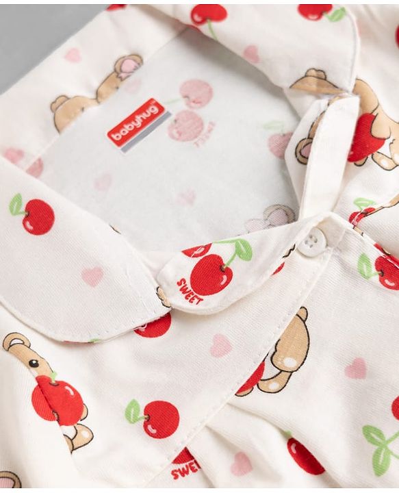 Babyhug 100% Cotton Knit Full Sleeves Front Open Co-ord Top & Pyjama Night Suit with Teddy & Cherry Print - White