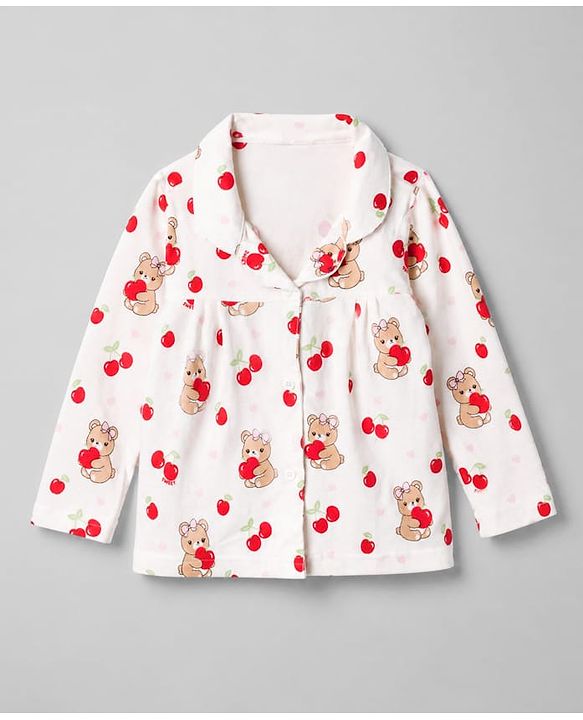Babyhug 100% Cotton Knit Full Sleeves Front Open Co-ord Top & Pyjama Night Suit with Teddy & Cherry Print - White