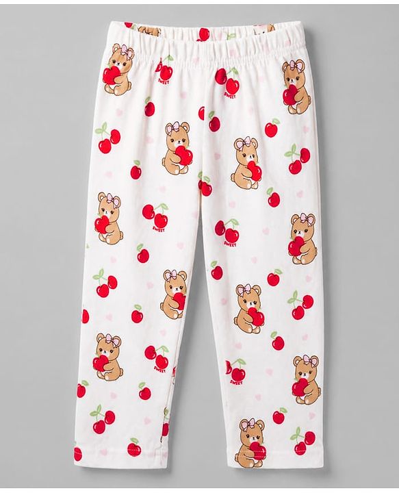 Babyhug 100% Cotton Knit Full Sleeves Front Open Co-ord Top & Pyjama Night Suit with Teddy & Cherry Print - White