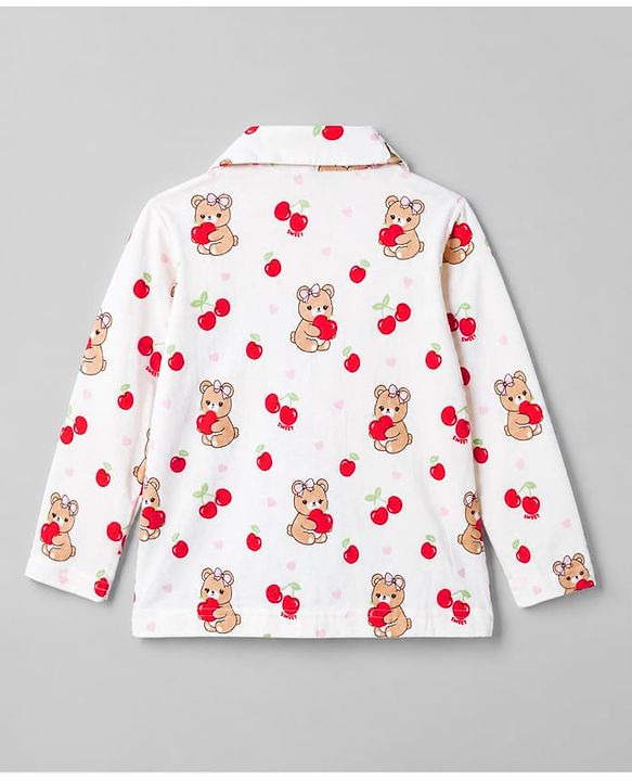 Babyhug 100% Cotton Knit Full Sleeves Front Open Co-ord Top & Pyjama Night Suit with Teddy & Cherry Print - White