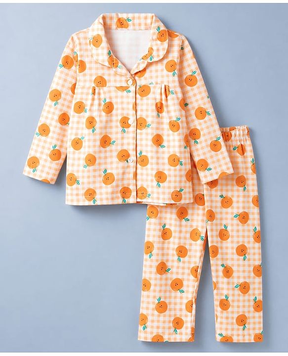 Babyhug Cotton Knit Full Sleeves Co-Ords Shirt & Pyjama Night Suit with Checks & Orange Print - Orange