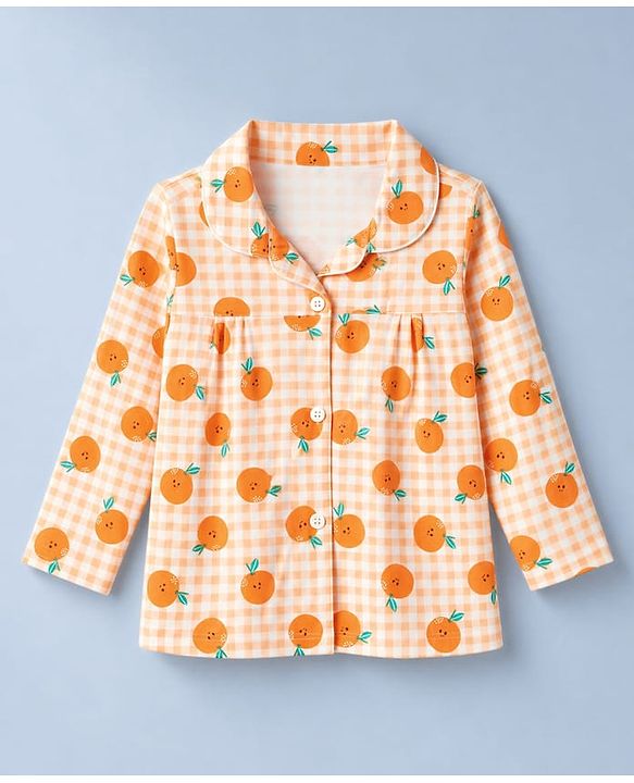 Babyhug Cotton Knit Full Sleeves Co-Ords Shirt & Pyjama Night Suit with Checks & Orange Print - Orange