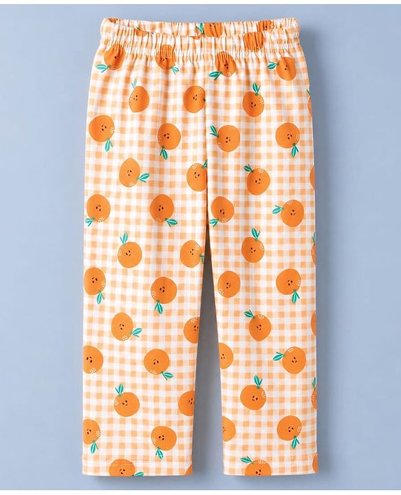Babyhug Cotton Knit Full Sleeves Co-Ords Shirt & Pyjama Night Suit with Checks & Orange Print - Orange