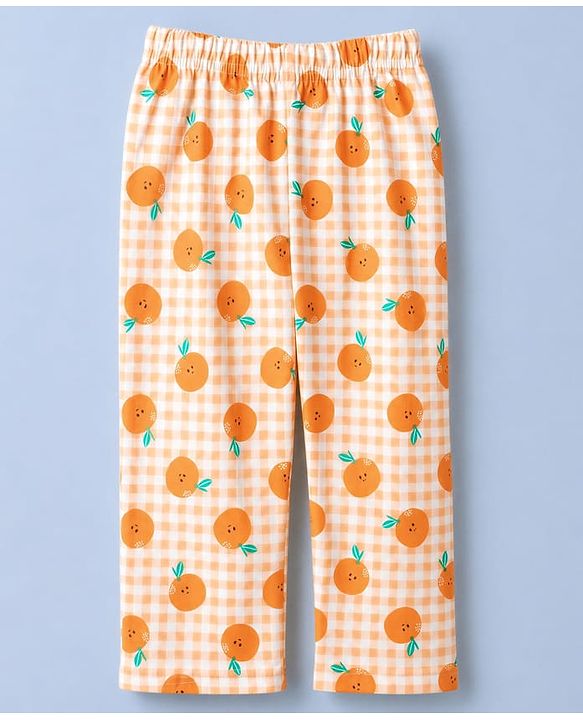 Babyhug Cotton Knit Full Sleeves Co-Ords Shirt & Pyjama Night Suit with Checks & Orange Print - Orange
