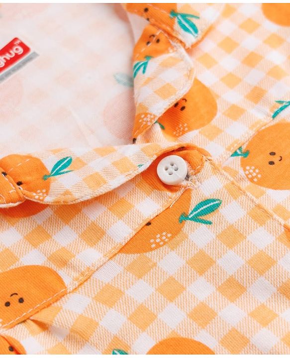 Babyhug Cotton Knit Full Sleeves Co-Ords Shirt & Pyjama Night Suit with Checks & Orange Print - Orange