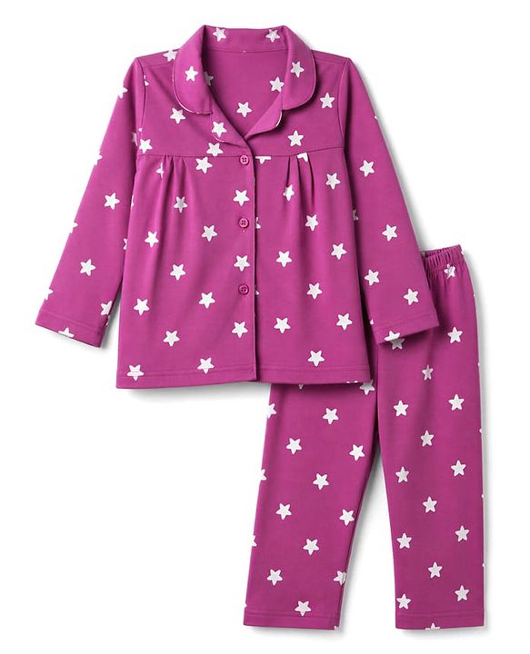 Babyhug 100% Cotton Knit Full Sleeves Co-Ords Shirt & Pyjama Night Suit with Star Print - Purple