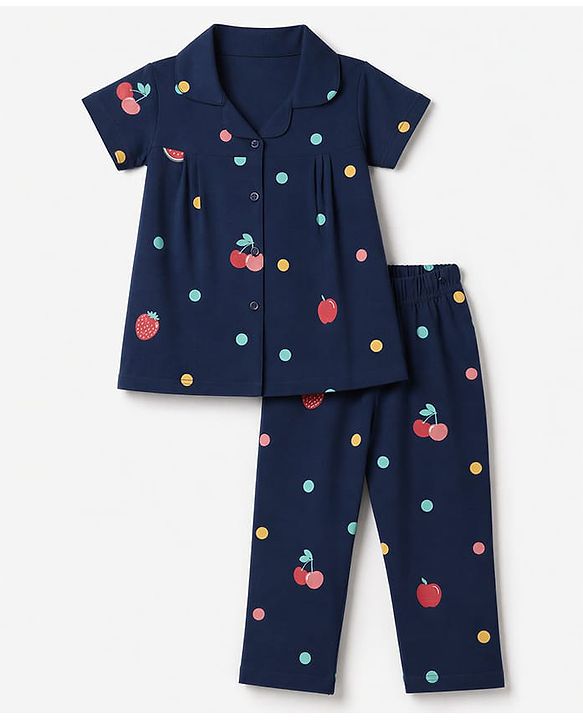 Babyhug 100% Cotton Knit Half Sleeves Co-Ords Shirt & Pyjama Night Suit with Polka Dots & Fruits Print - Navy Blue