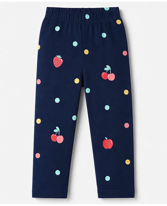 Babyhug 100% Cotton Knit Half Sleeves Co-Ords Shirt & Pyjama Night Suit with Polka Dots & Fruits Print - Navy Blue