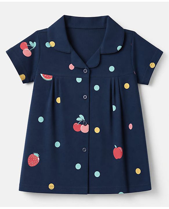 Babyhug 100% Cotton Knit Half Sleeves Co-Ords Shirt & Pyjama Night Suit with Polka Dots & Fruits Print - Navy Blue