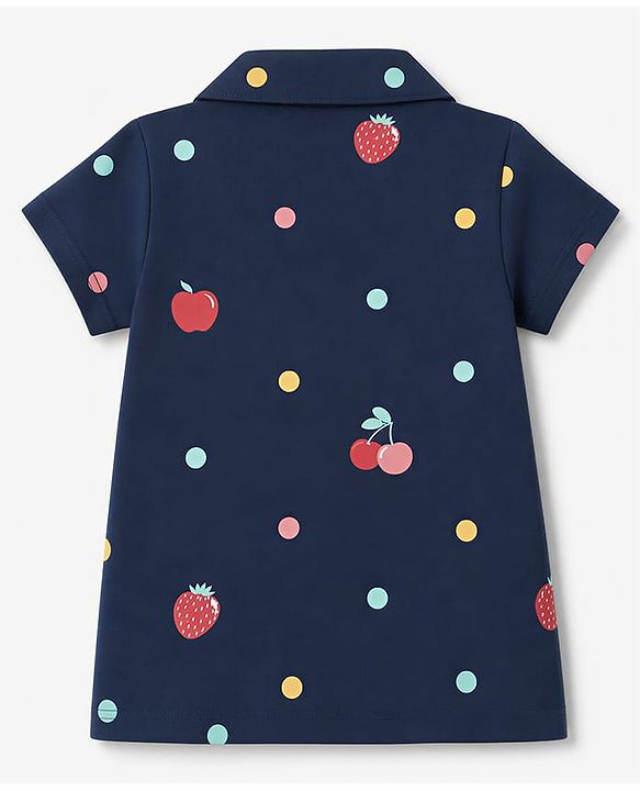 Babyhug 100% Cotton Knit Half Sleeves Co-Ords Shirt & Pyjama Night Suit with Polka Dots & Fruits Print - Navy Blue