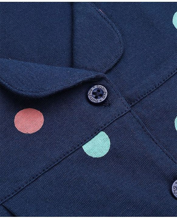 Babyhug 100% Cotton Knit Half Sleeves Co-Ords Shirt & Pyjama Night Suit with Polka Dots & Fruits Print - Navy Blue