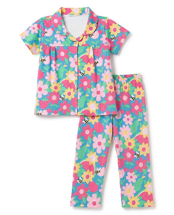 Babyhug 100% Cotton Knit Half Sleeves Co-Ords Shirt & Pyjama Night Suit with Floral Print - Dark Pink
