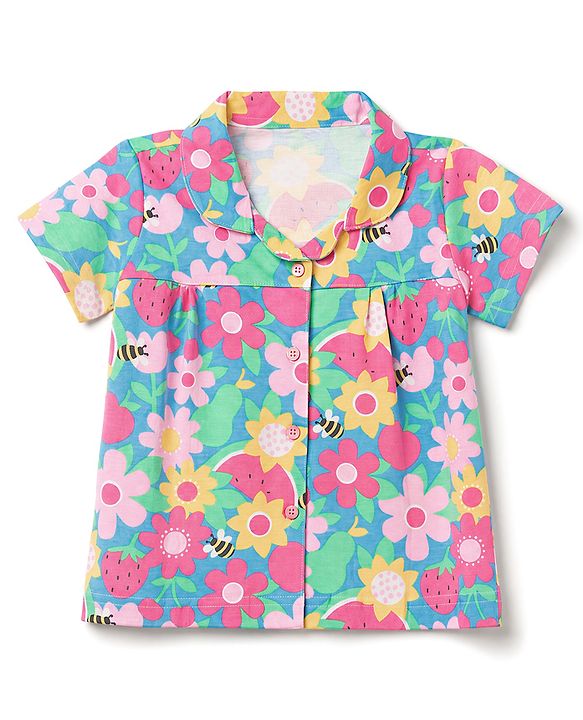 Babyhug 100% Cotton Knit Half Sleeves Co-Ords Shirt & Pyjama Night Suit with Floral Print - Dark Pink