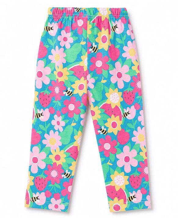 Babyhug 100% Cotton Knit Half Sleeves Co-Ords Shirt & Pyjama Night Suit with Floral Print - Dark Pink