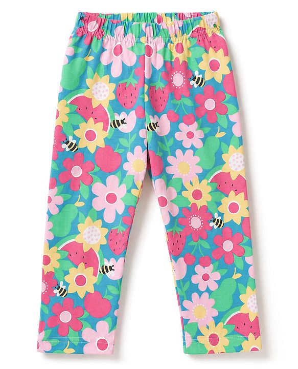 Babyhug 100% Cotton Knit Half Sleeves Co-Ords Shirt & Pyjama Night Suit with Floral Print - Dark Pink