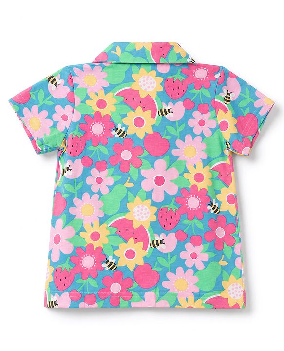 Babyhug 100% Cotton Knit Half Sleeves Co-Ords Shirt & Pyjama Night Suit with Floral Print - Dark Pink