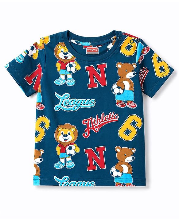 Babyhug 100% Cotton Knit Half Sleeves Lion & Bear Printed Co-Ords T-shirt & Shorts Night Suit - Navy Blue